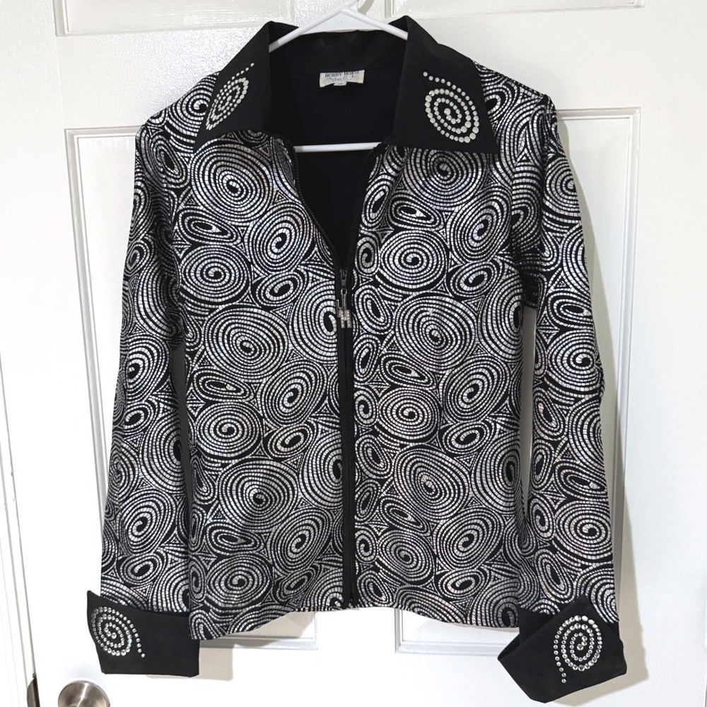 Hobby Horse Womens Silver Black Metallic Swirl Western Show Shirt Rhinestone M